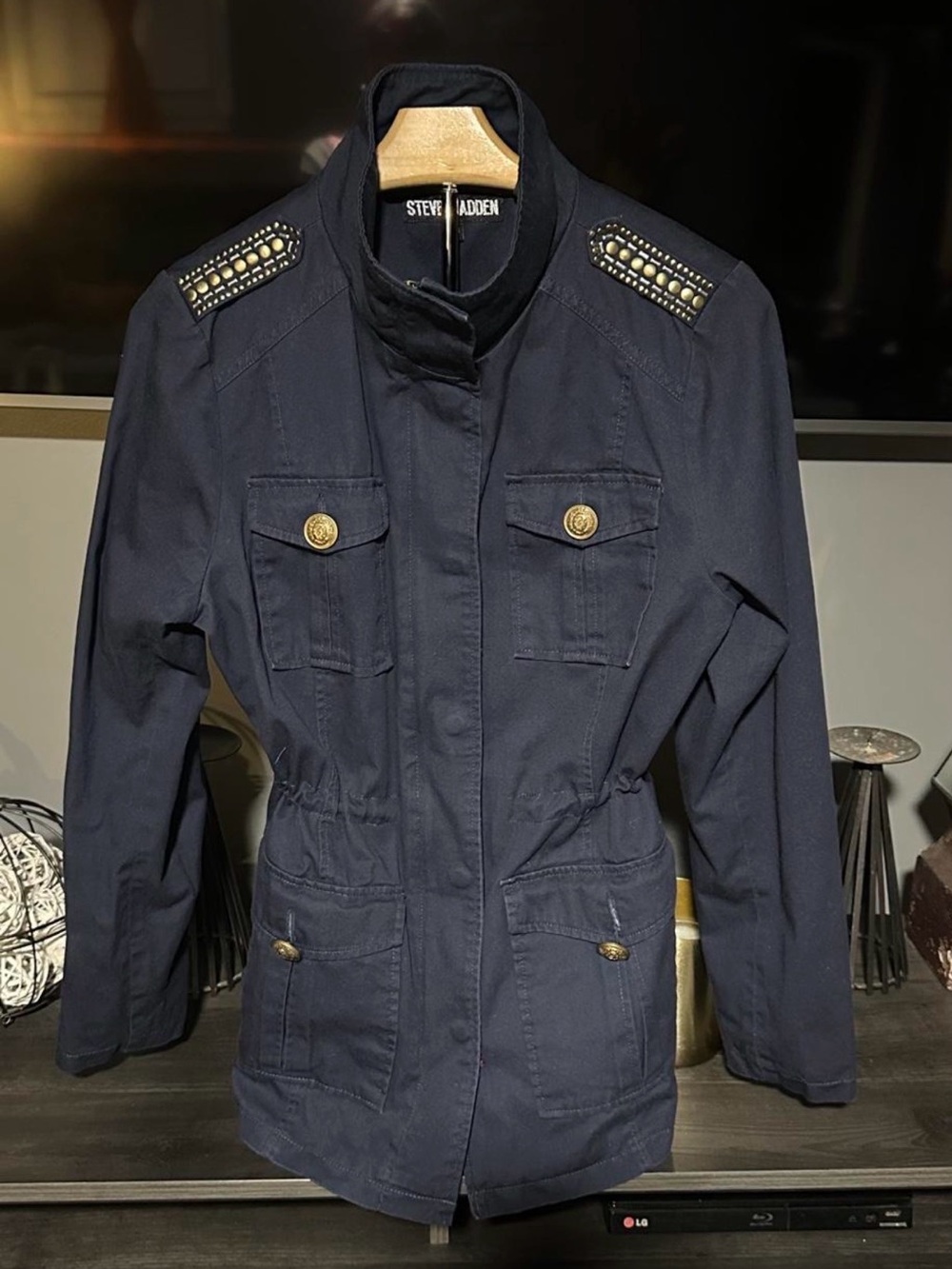 Steve Madden Navy Utility Jacket with Studded Epaulettes